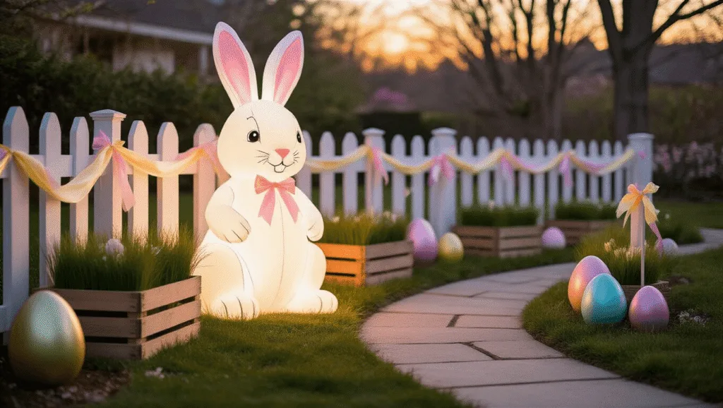 "Easter yard decorations with illuminated bunny, pastel eggs, and garden stakes at sunset"