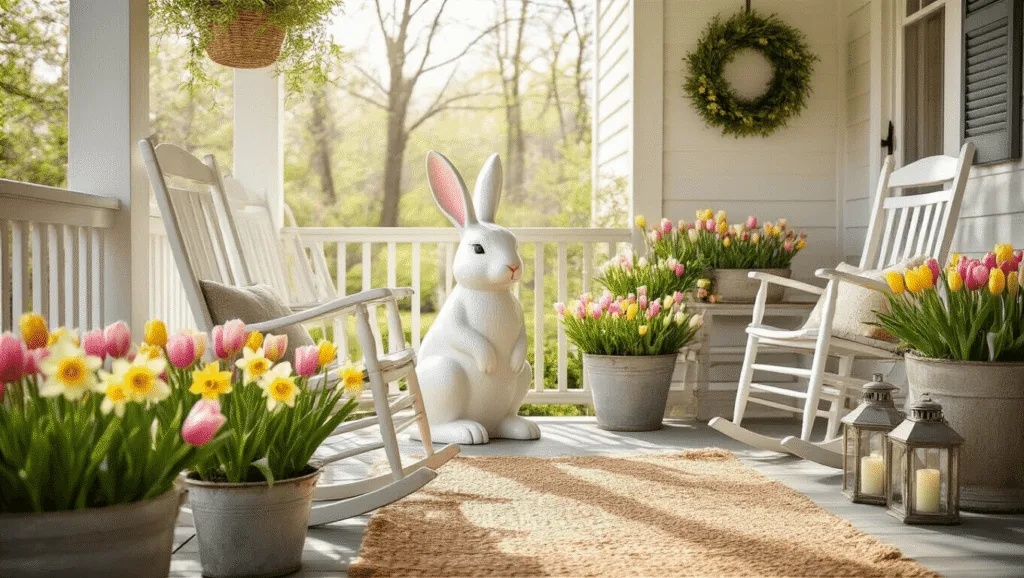 "Farmhouse porch with white rocking chairs, bunny statue, pastel tulips, mason jar lanterns in sunlight"