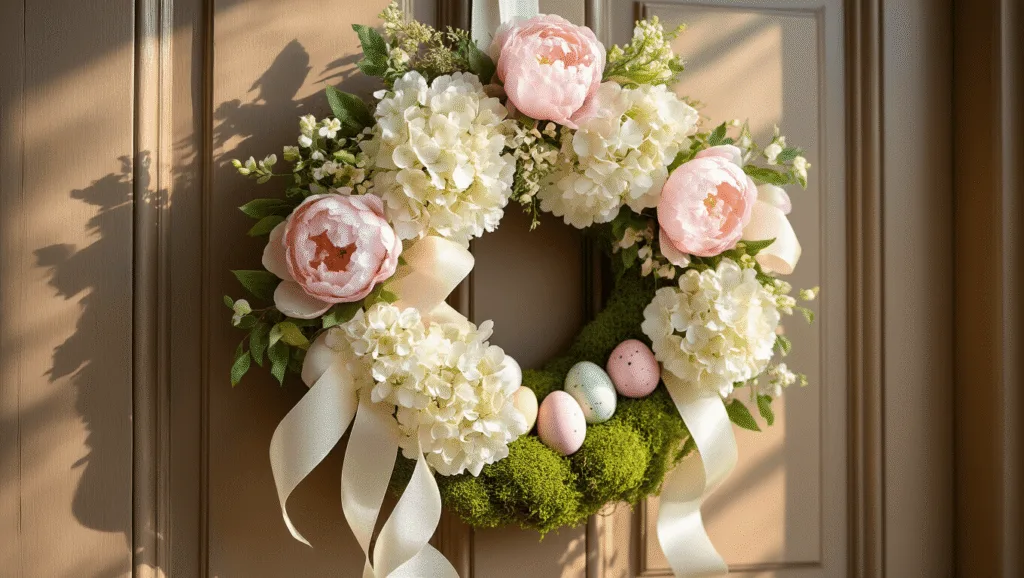"Elegant Easter wreath with pastel peonies, hydrangeas, and speckled eggs on wooden door in sunlight"