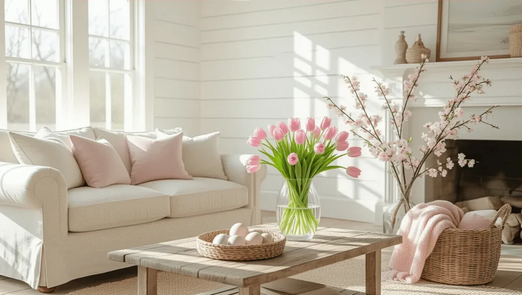 "Easter-themed living room with white shiplap walls, cream sofa with pastel pillows, pink tulips and cherry blossoms in a crystal vase on a coffee table, and a woven basket filled with pastel throws beside a fireplace"