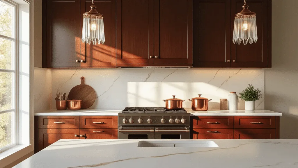 "Elegant cherry wood kitchen with warm sunlit cabinets, quartz countertops, copper accents and moody golden hour lighting"