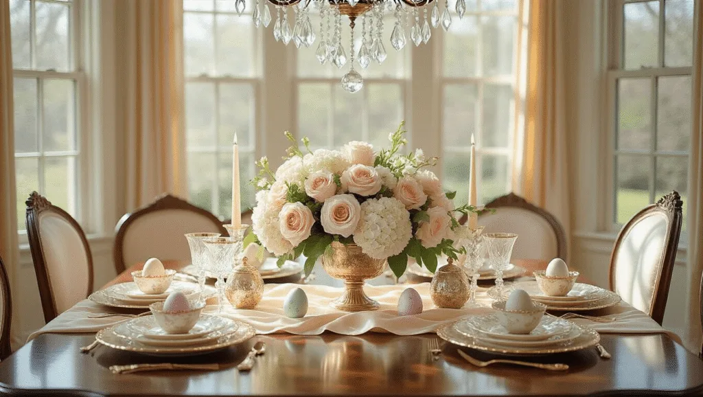 "Easter table setting featuring pastel floral centerpiece, crystal chandelier and gold-rimmed china in a sunlit dining room"