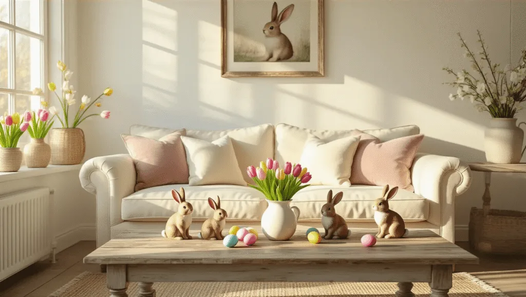 "Easter decorated farmhouse living room with ceramic bunnies, pastel eggs, fresh tulips on a rustic wood table, and a vintage cream sofa with velvet pillows under golden hour sunlight."