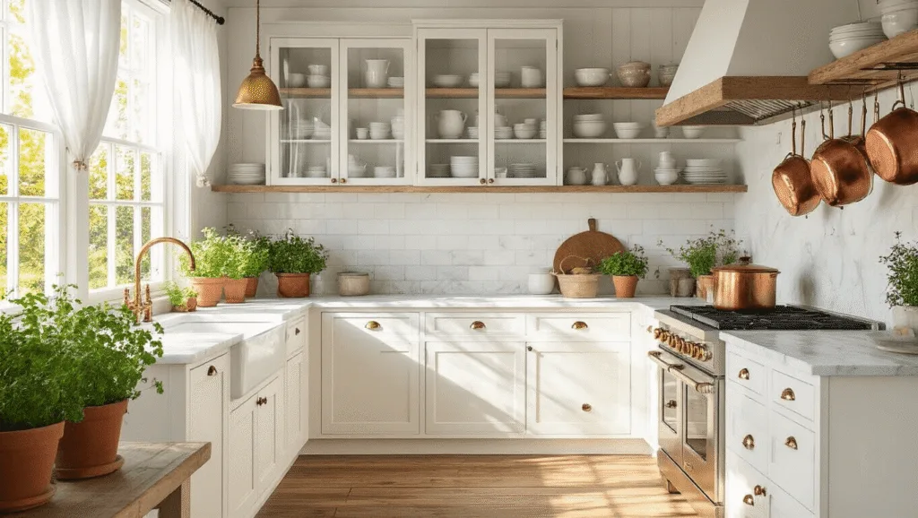 "Sunlit farmhouse kitchen with white cabinets, marble counters, and vintage ceramics"