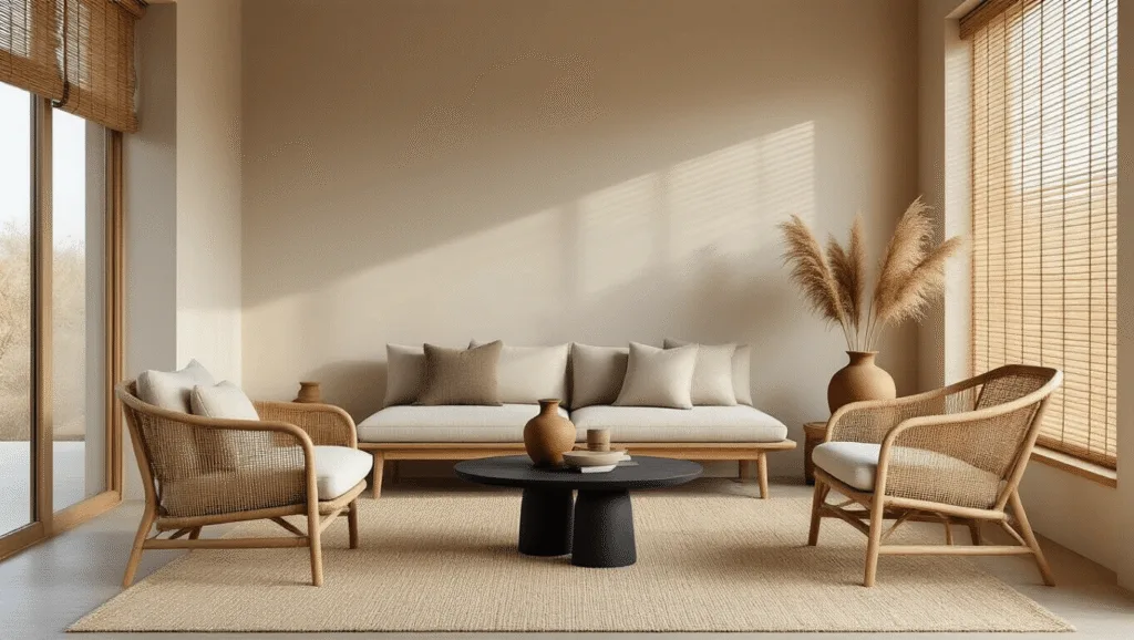 "Minimalist Japandi-style living room with oak furniture, rattan chair, and natural light filtering through bamboo blinds"