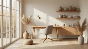"Japandi inspired minimalist home office with ergonomic chair, wooden desk, floating shelves, and ceramic accessories in a warm neutral color palette"