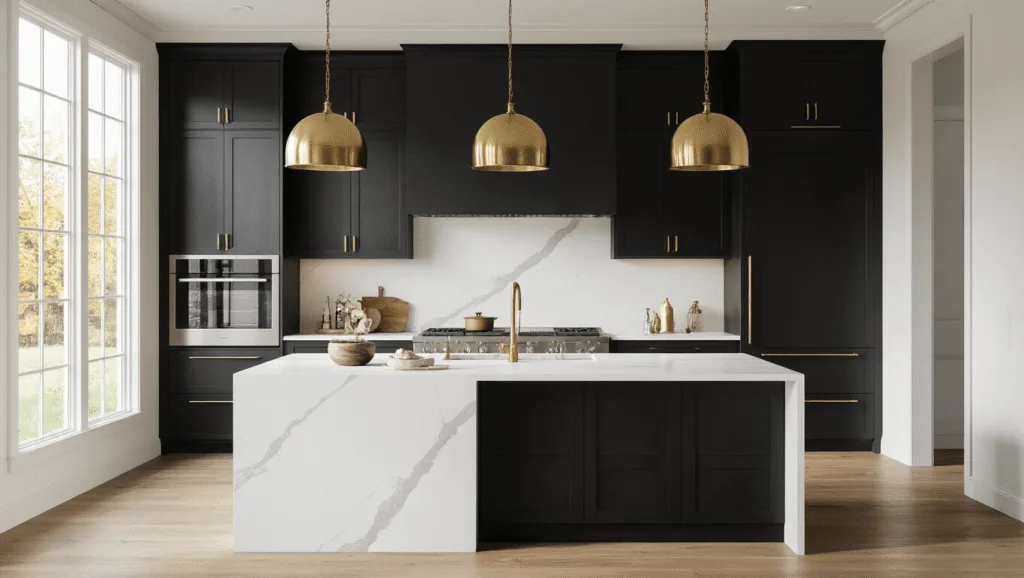 "Modern luxury kitchen with Iron Ore black cabinets, white quartz waterfall island, brass pendant lights, and white oak flooring"
