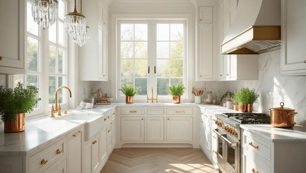"Luxury kitchen with white inset cabinets, marble countertops, crystal pendant lights and morning sunlight coming through windows"