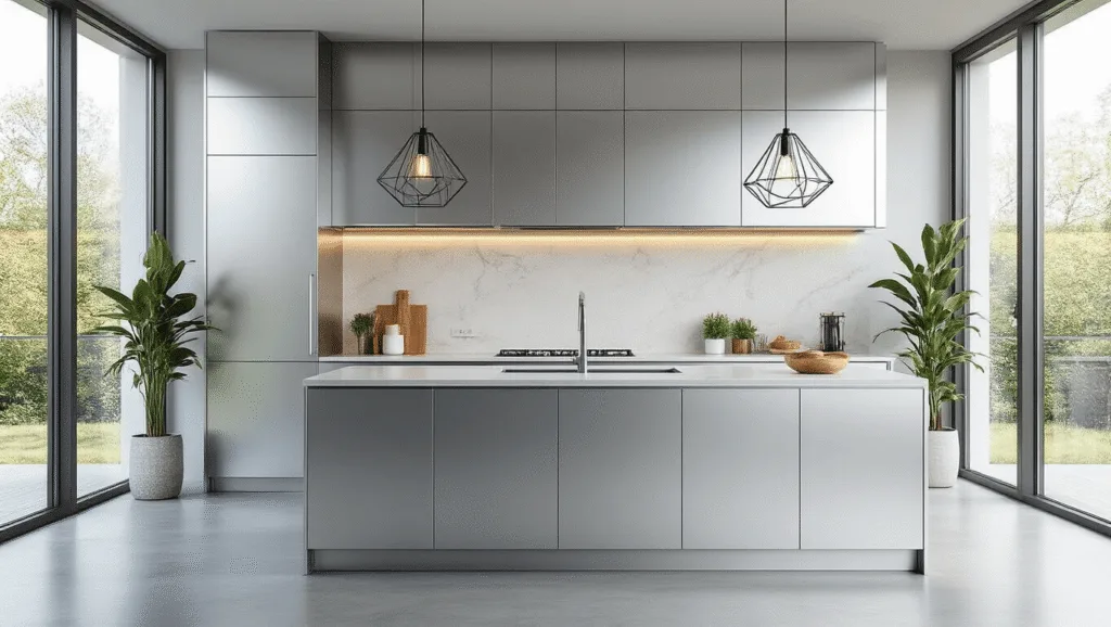 "Modern kitchen with aluminum cabinets, quartz countertops and geometric pendant lights in a bright, airy space with large windows"