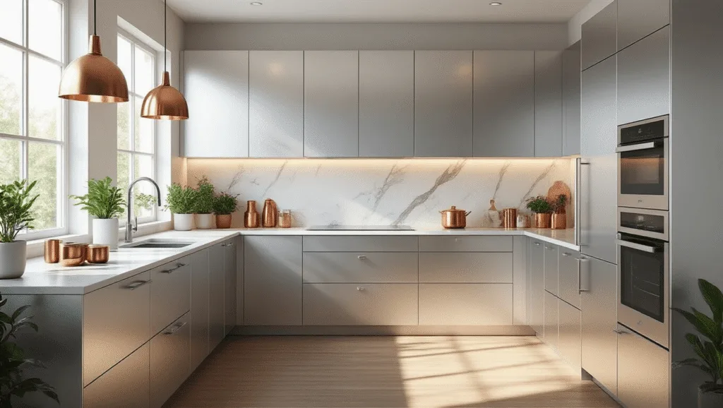 "Modern kitchen with sleek aluminium cabinets, marble countertops, stainless steel appliances, and wooden accents illuminated by natural light."