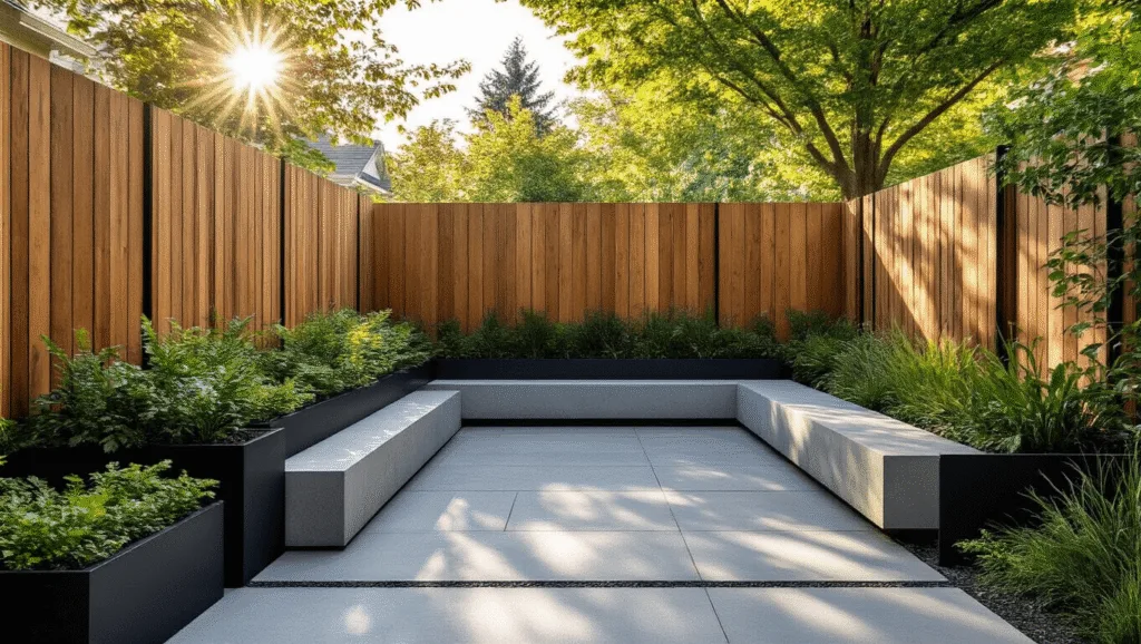 "Modern backyard with cedar fence, black metal planters with greenery, and concrete seating in late afternoon sunlight"