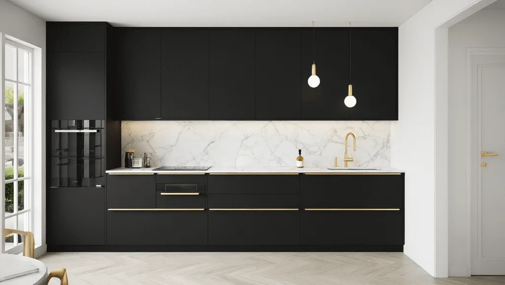 "Modern luxury black and white kitchen interior with matte black lower cabinets, glossy white upper cabinets, marble countertops, brass hardware, pendant lights, and clean minimal background."