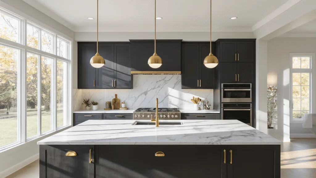 "Modern luxury kitchen with charcoal cabinets, Carrara marble countertops, gold hardware, minimalist pendant lights, and stainless steel appliances in natural morning light"