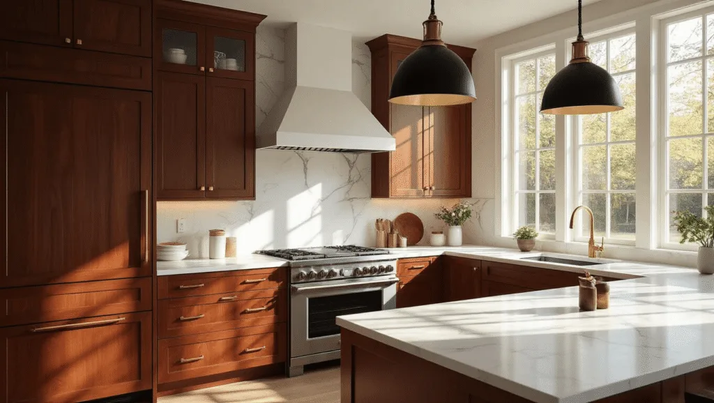 "Modern kitchen with cherry wood cabinets, marble countertops, and warm sunlight."