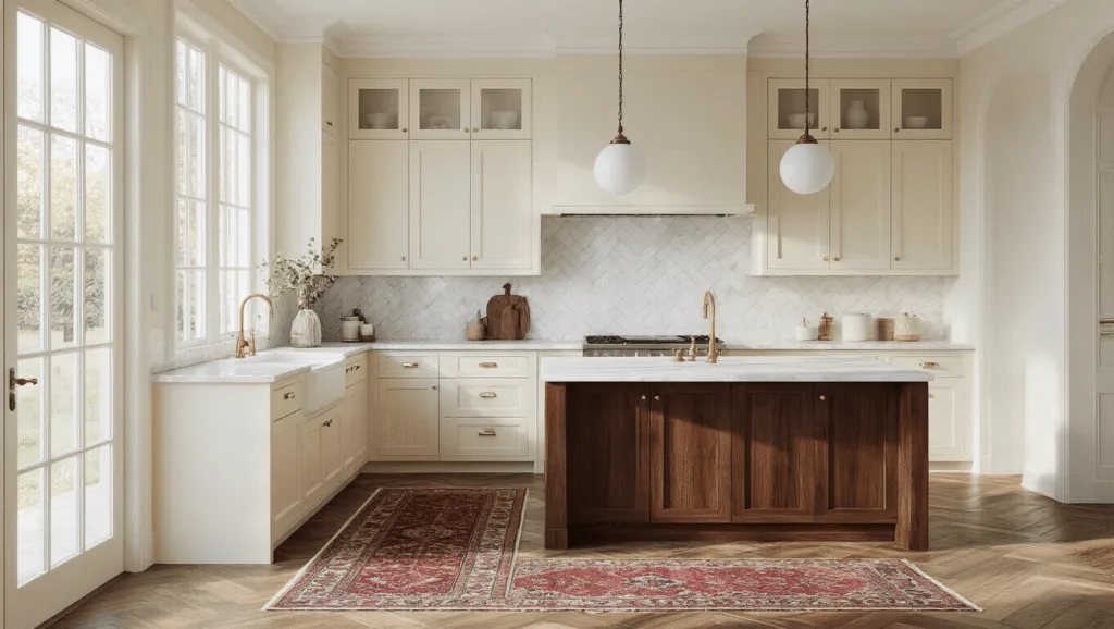 "Luxury modern kitchen with cream shaker cabinets, walnut island, marble countertops, herringbone backsplash, and Persian runner in soft morning light"