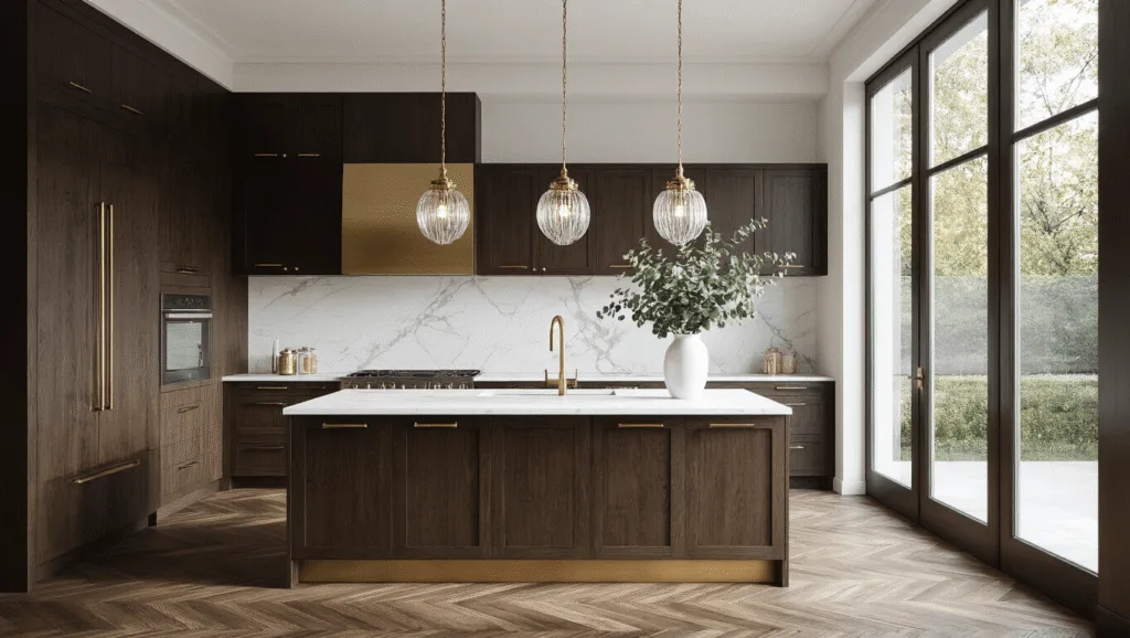 "Modern, luxurious kitchen interior with dark oak cabinets, marble countertops, brass hardware, streaming natural light, and minimalist styling."