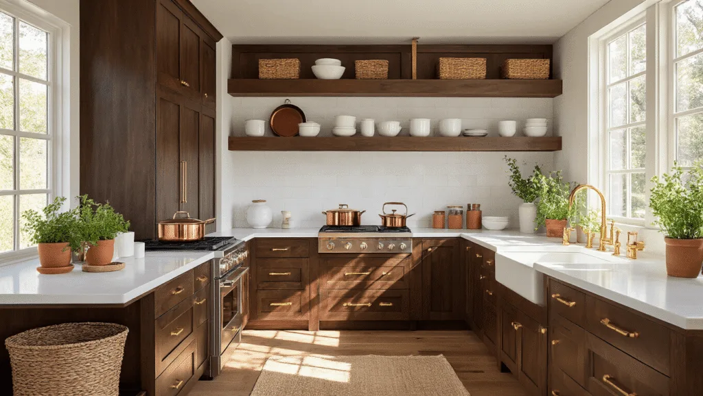 "Sunlit modern farmhouse kitchen with espresso oak cabinets, white quartz countertops, brass hardware, copper cookware, and natural wood grain texture highlighted by natural light."