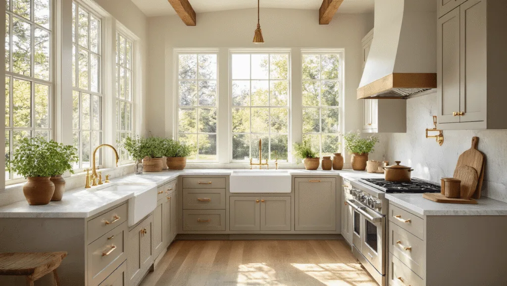 "Sunlit modern farmhouse kitchen with greige cabinets, marble countertops, brass hardware, oak floors and high-end appliances"