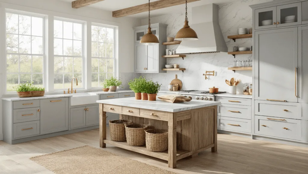 "Light grey shaker cabinets and marble countertops in a bright, airy modern farmhouse kitchen with natural light, a weathered oak island, and brass hardware."