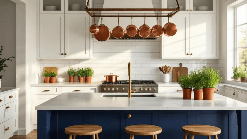 "Modern farmhouse kitchen with white Shaker cabinets, navy blue island, copper cookware, and natural wood accents in golden hour sunlight"