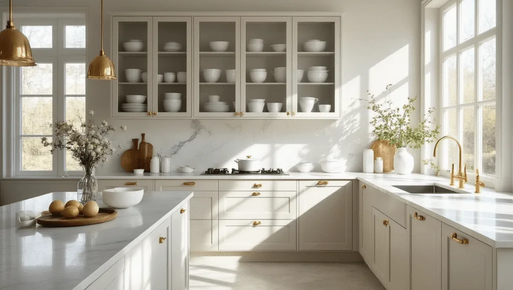 "Glass-front kitchen cabinets with white porcelain dishes, brass accents, marble countertops, and soft morning light creating shadows"