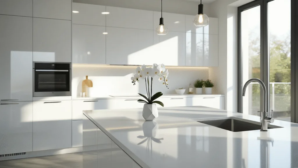 "Modern white high-gloss kitchen with stainless steel hardware, quartz countertops and natural light reflections"