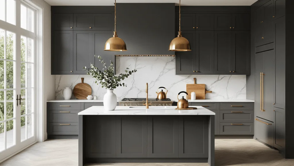 "Luxurious modern kitchen with dark grey cabinets, white Carrara marble island, brass pendant lights, morning sunlight through large windows, and high-end finishes"