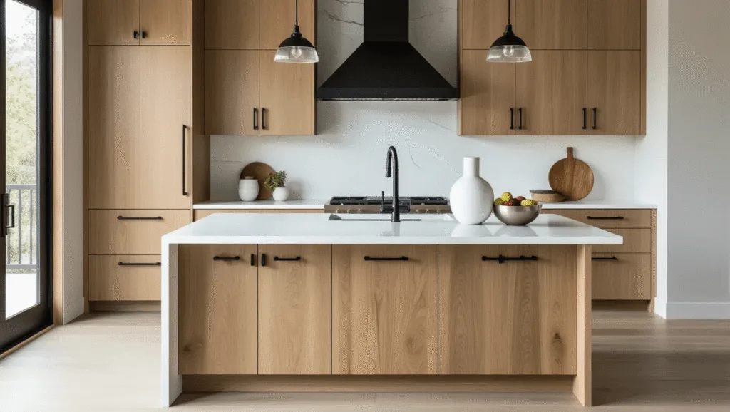 "Modern honey oak kitchen with black hardware, white quartz waterfall island, gray walls, ceramic vase and metal fruit bowl under natural lighting"