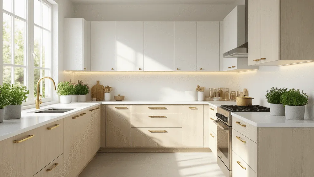 "Modern kitchen with SEKTION cabinets, white quartz countertops, brass hardware, and sunlight enhancing stainless steel appliances"