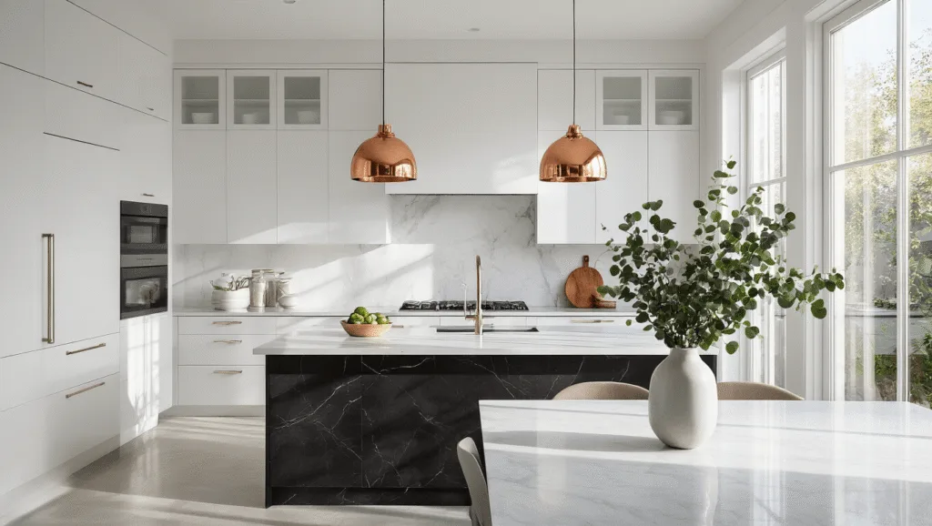 "Modern kitchen with white cabinets, marble tiles, copper pendant lights, and eucalyptus arrangement in a vase"