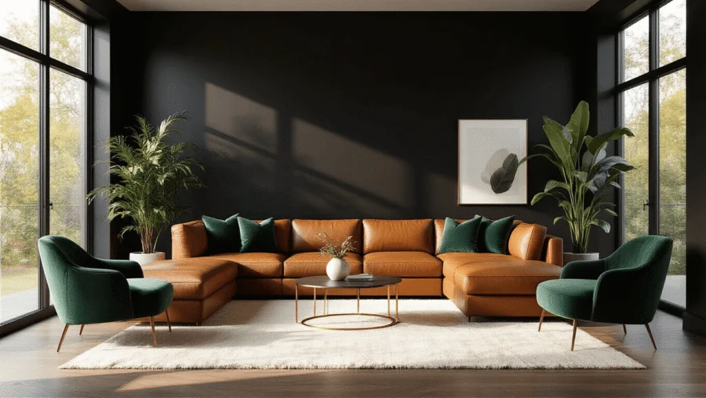 "Modern living room with matte black accent wall, cognac leather sectional, ivory wool rug, brass accents, emerald velvet chairs, minimalist art, and lush plants, bathed in natural sunlight"