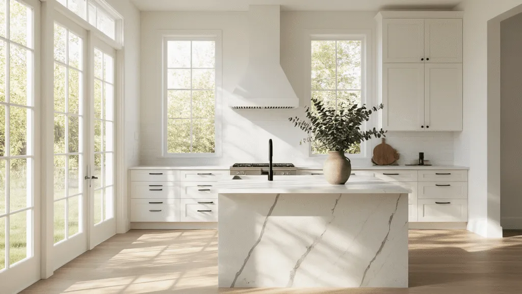 "Modern minimalist kitchen with off-white cabinets, quartz island, and sunlight streaming through windows"