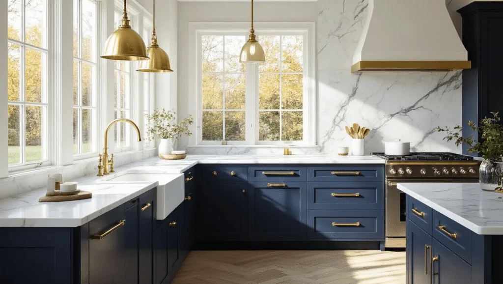 "A modern navy kitchen with Carrara marble countertops, brass fixtures, and large windows allowing natural light to stream in."