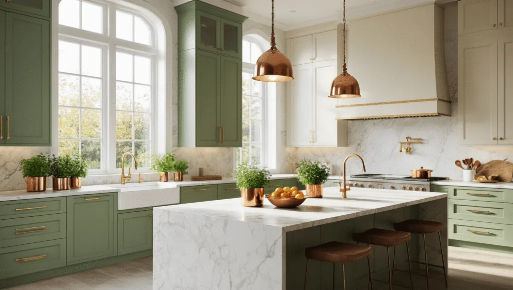 "Luxurious contemporary kitchen with sage green and cream cabinets, marble countertops, large island, and warm natural light."