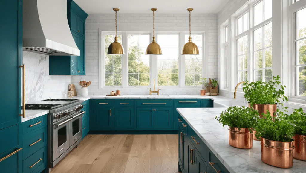 "Luxury teal kitchen with white marble countertops, brass fixtures, oak flooring, and morning sunlight through large windows"