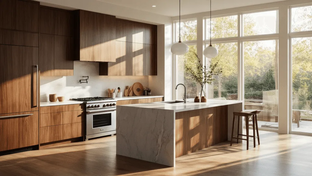 "Modern kitchen with natural walnut cabinets, stainless steel appliances, and a waterfall edge island lit by warm morning sunlight"
