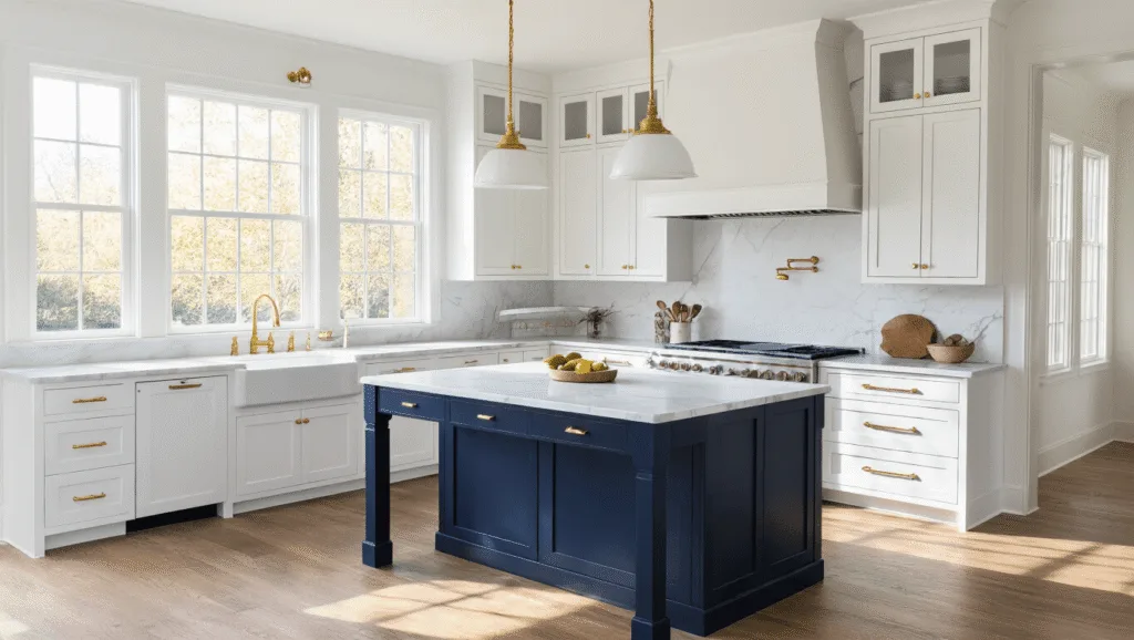 "Bright, modern kitchen with white Shaker cabinets, navy island, marble countertops, brass hardware, and oak hardwood flooring."