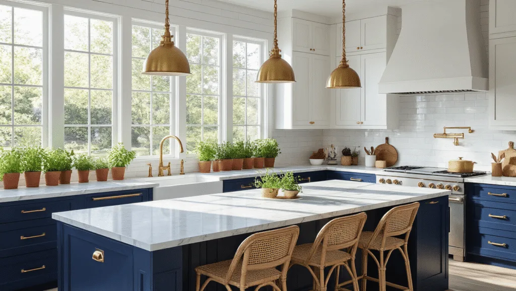 "Spacious modern kitchen with navy blue and white cabinets, marble countertops, brass hardware, rattan barstools, and fresh herbs on the windowsill"
