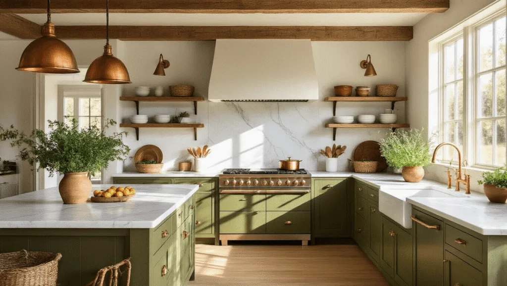 "Modern farmhouse kitchen with olive green cabinets, marble countertops, and wooden beams, bathed in golden hour sunlight."