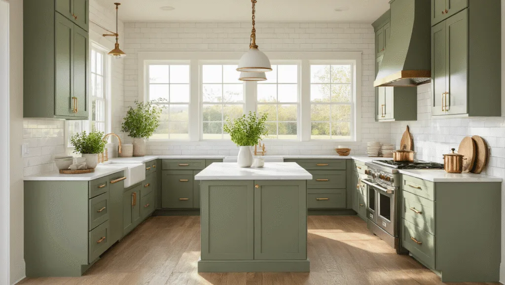 "Modern farmhouse kitchen with sage green cabinets, white quartz countertops, brass hardware, oak flooring, and a central marble-topped island in morning sunlight."