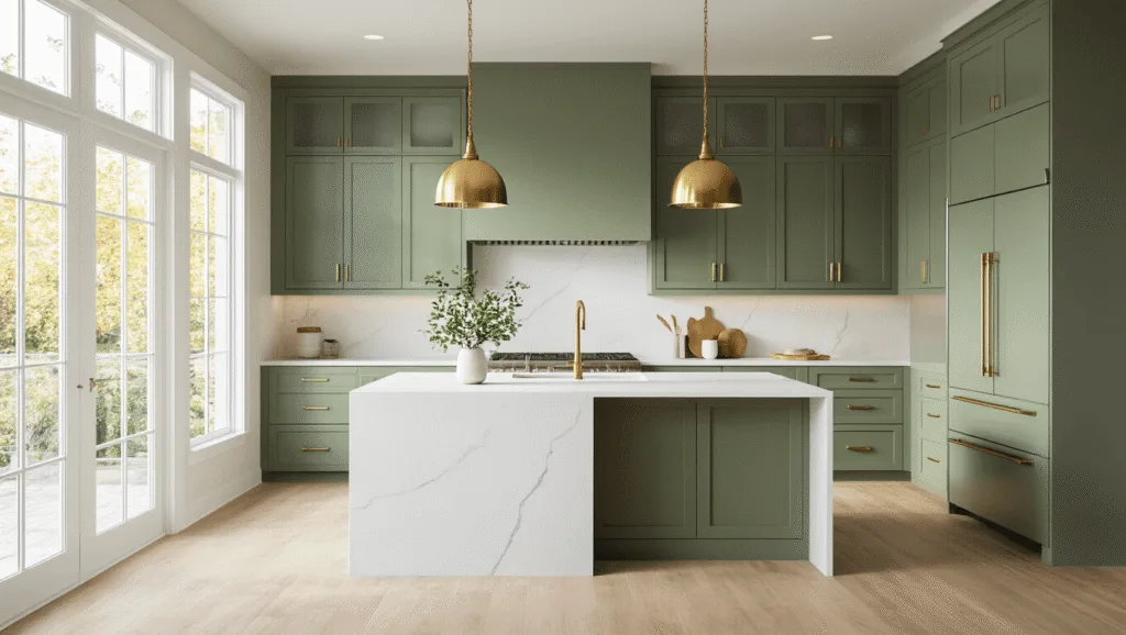 "Modern kitchen with sage green cabinets, white quartz waterfall island, brass accents, and natural light"