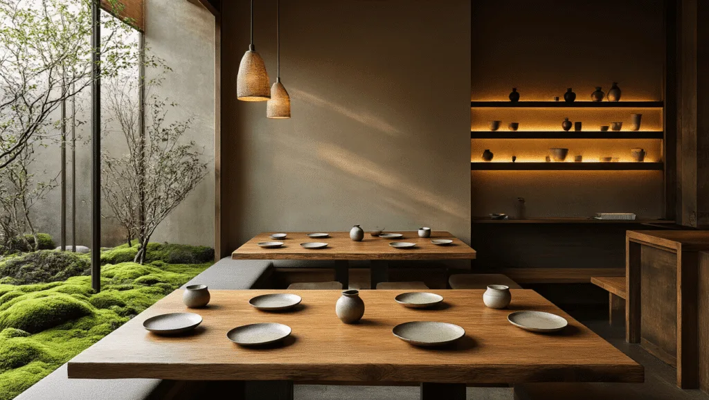 "Interior of serene Japanese restaurant with wooden tables, ceramic plates, pendant lights, and minimalist Zen décor at golden hour"