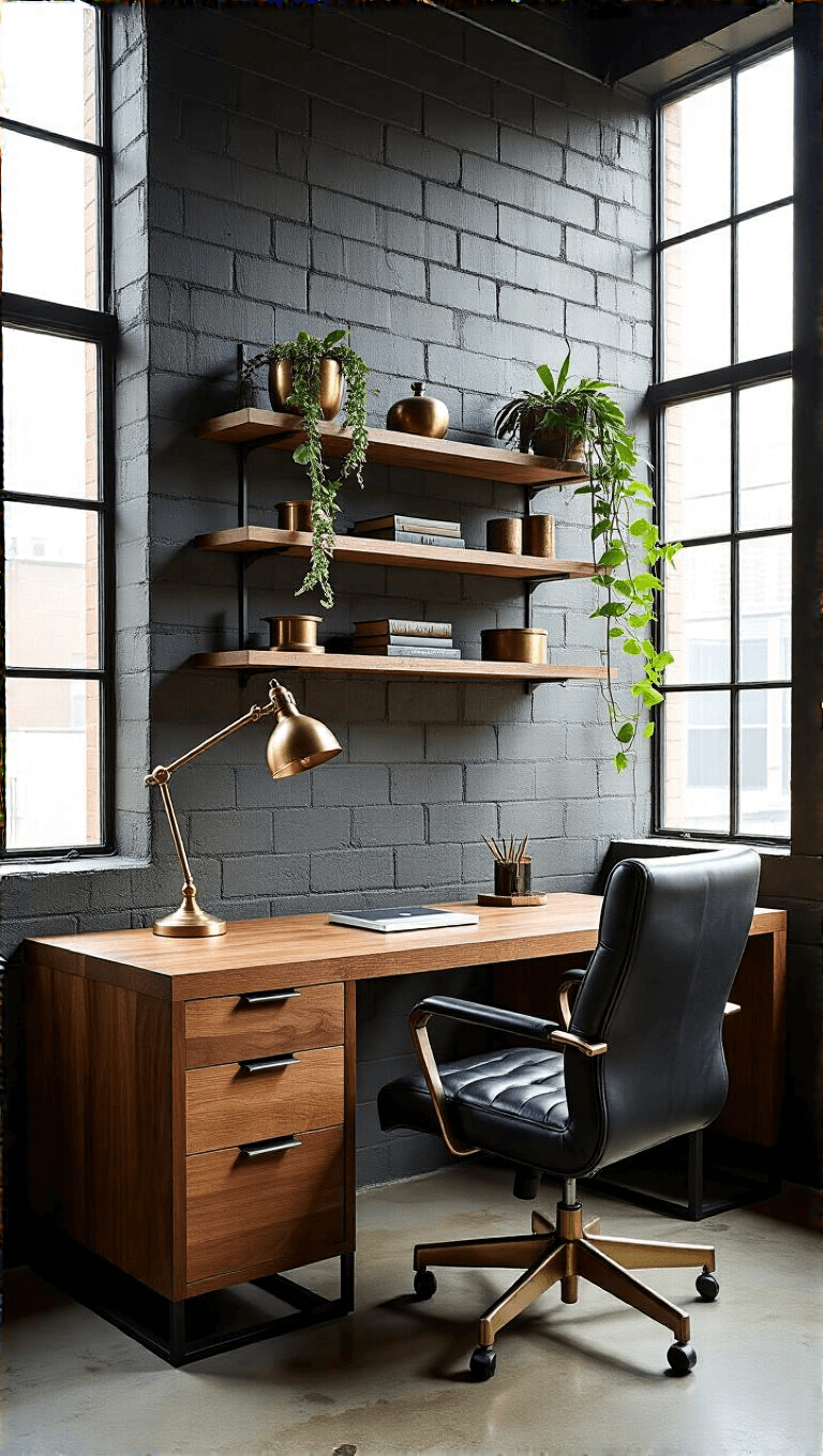 Elevated view of an industrial home office with textured black concrete wall, midday shadows from steel windows, raw edge walnut desk, black leather chair, floating shelves with brass objects and plants, and vintage task lamp.