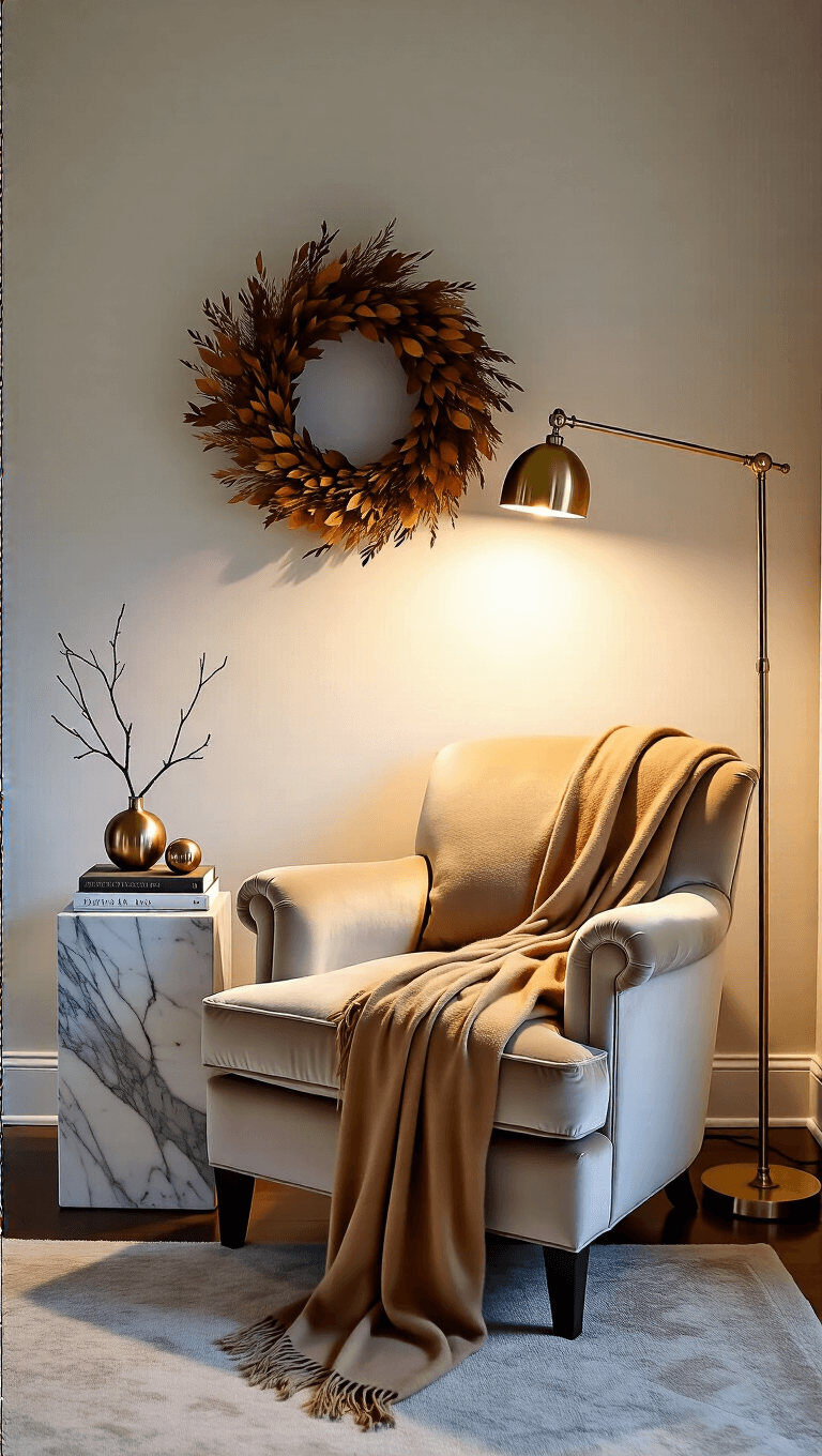 Dusk-lit master bedroom corner featuring an oversized oatmeal velvet armchair, a brass floor lamp, a minimalist fall wreath, a styled marble side table with art books and decor, all under moody lighting.