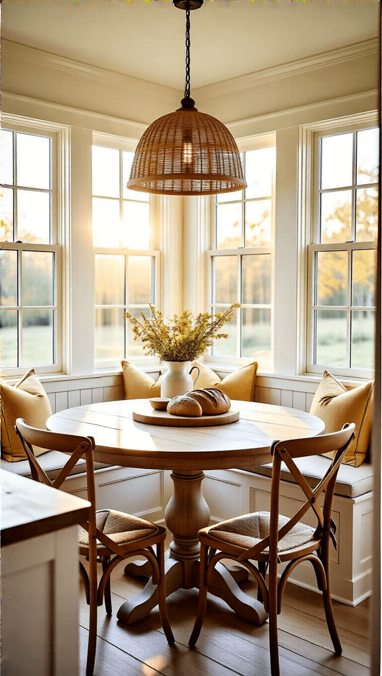Golden hour light illuminating a quaint 10x10 farmhouse breakfast nook with wraparound windows, window seat, round table with X-back chairs, built-in bench seating, vintage bread boards on the wall, and a woven pendant light. Decorated in warm whites, natural woods, and touches of butter yellow.