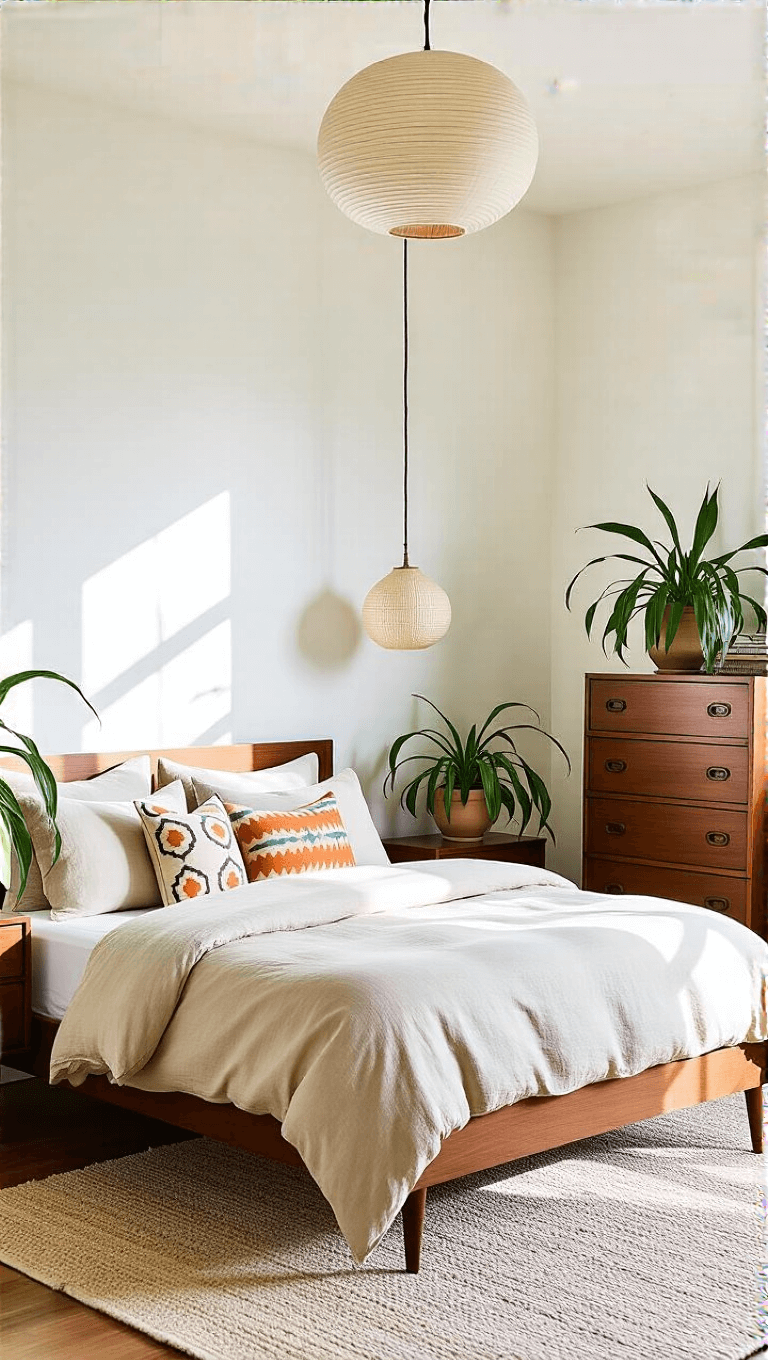 Bright, spacious primary bedroom showcasing Article's minimalist linen duvet, vintage-inspired pillows, a walnut bed frame, 1960's dresser, sculptural pendant light, and spider plants in ceramic planters.