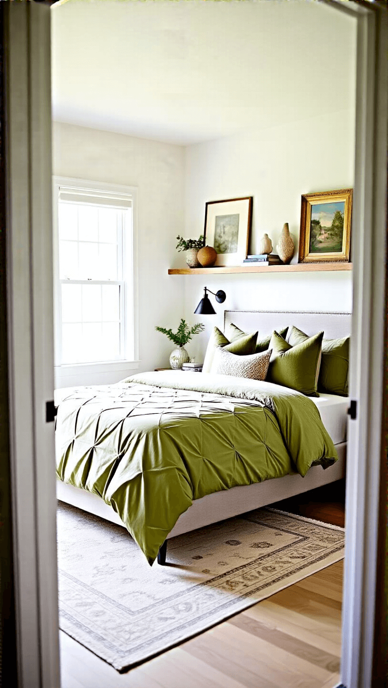 Bright, spacious bedroom with modern platform bed, green Wayfair geometric bedding and luxury accent pillows, floating shelves displaying vintage decor, mixing high and low design elements, captured from doorway.
