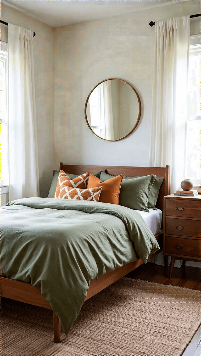 Vintage bedroom corner with teak bed with green linens, French linen duvet, accent pillows, walnut dresser under brass mirror, with natural and artificial light filtering through white curtains during early morning blue hour.