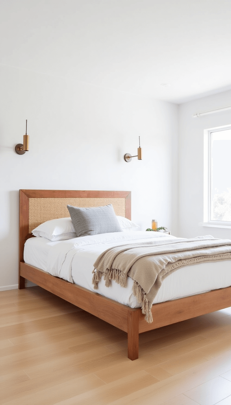 Bright and spacious 14x14ft guest room with teak platform bed, brass sconces, white linens, and textural throws in morning light.