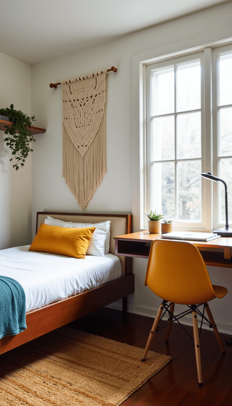 Cozy, intimate 10x12ft bedroom with rosewood bed, geometric headboard, Eames molded plastic chair, floating desk, macramé wall hanging, and supplemental task lighting, displayed in a palette of deep rosewood, warm white, mustard, and teal.